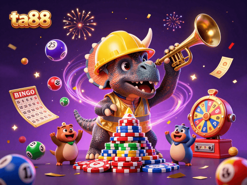 Experience the excitement of ta88 casino with colorful lottery elements and celebrating characters.