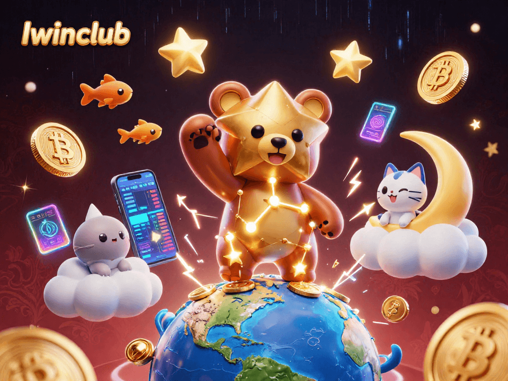 Iwinclub showcases an enchanting 3D rendering of a constellation bear celebrating cryptocurrency wins.