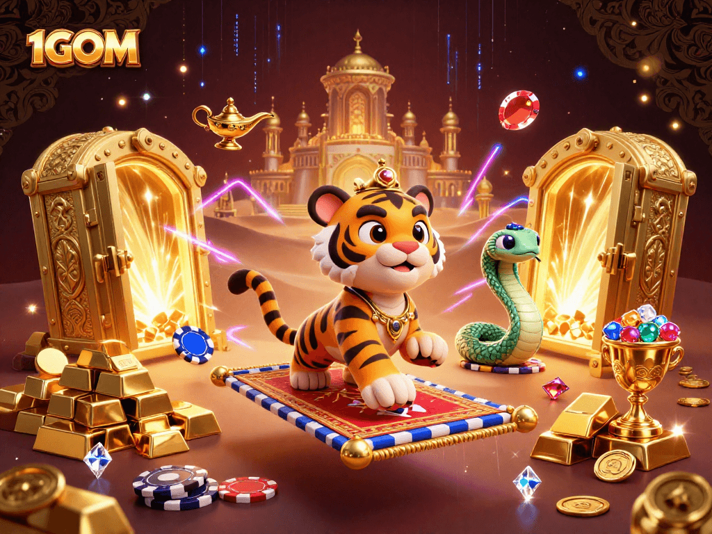 Experience thrilling betting adventures with 1GOM's vibrant casino-themed illustration of excitement and riches.