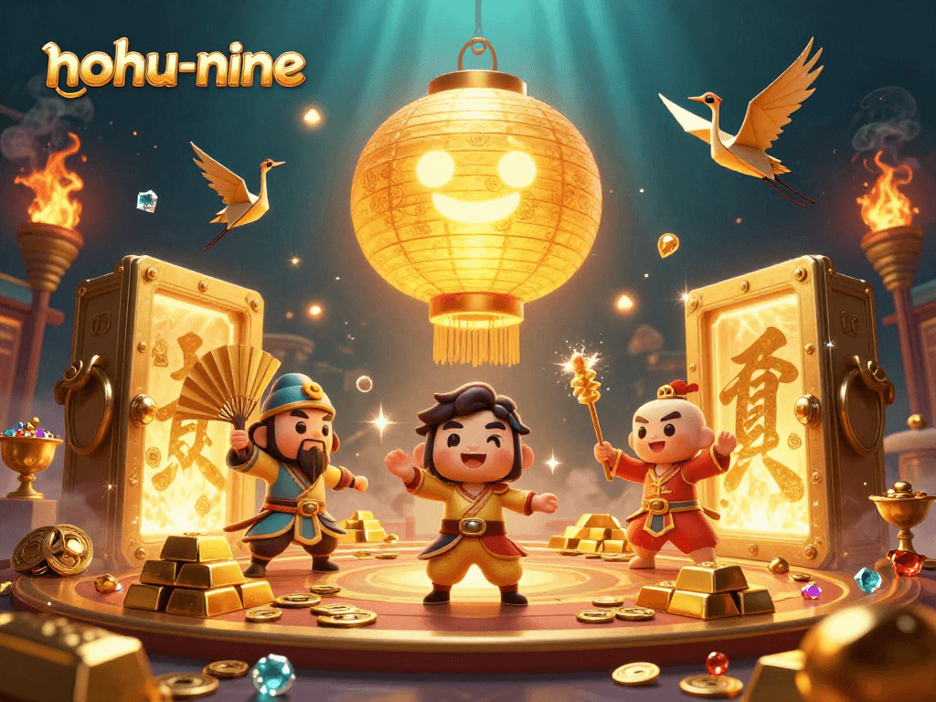 Experience thrilling action with nohu-nine as giant lantern spirit and warriors illuminate the night market casino.