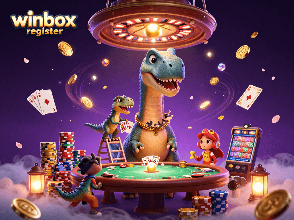 Engage in the winbox register experience with a vibrant 3D casino illustration showcasing thrilling gaming elements.