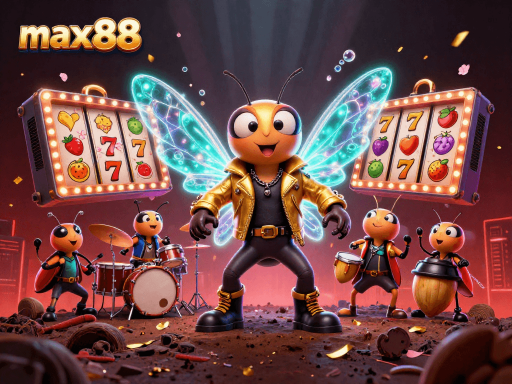 Engaging max88 slots scene with a rock star cicada and vibrant game elements!