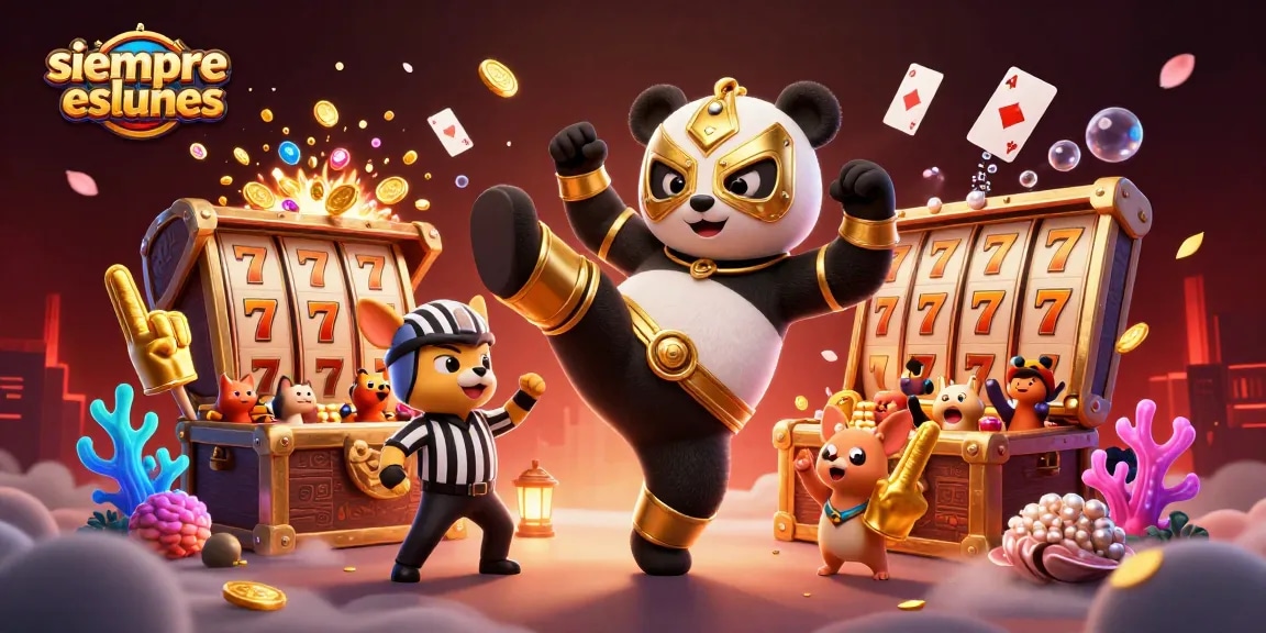 Experience the exhilarating excitement with siempreeslunes as a panda wrestler kicks into action amidst vibrant slot game elements.