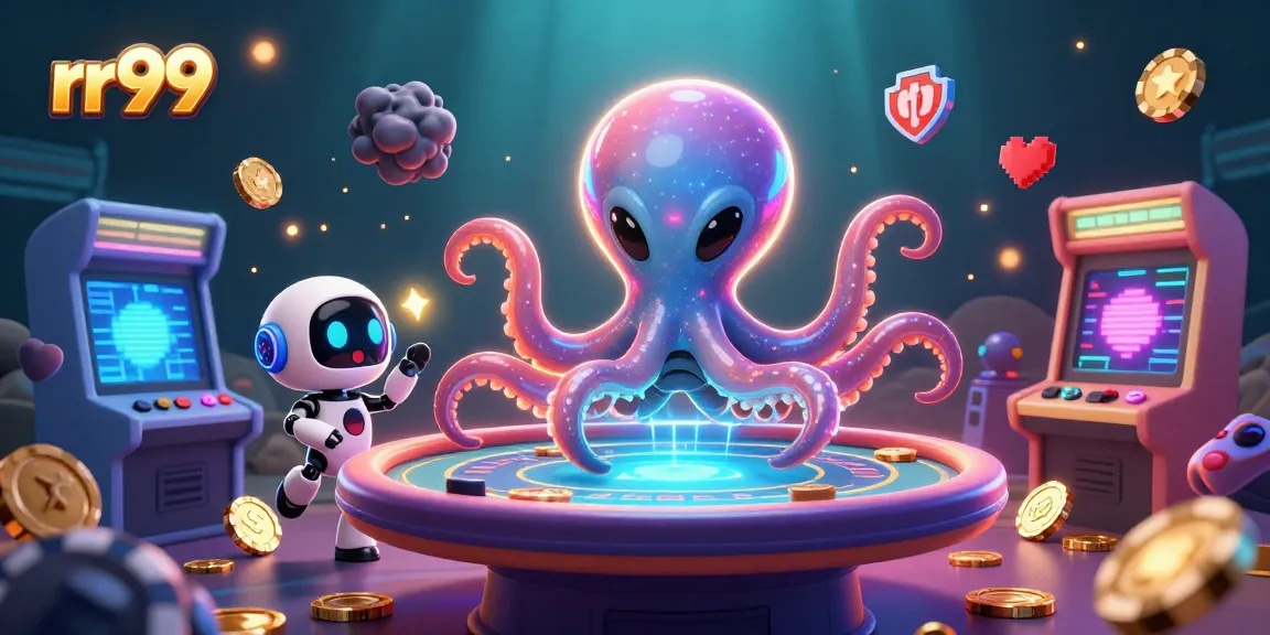 Experience rr99 action with an alien octopus at a holographic poker table surrounded by vibrant game elements.