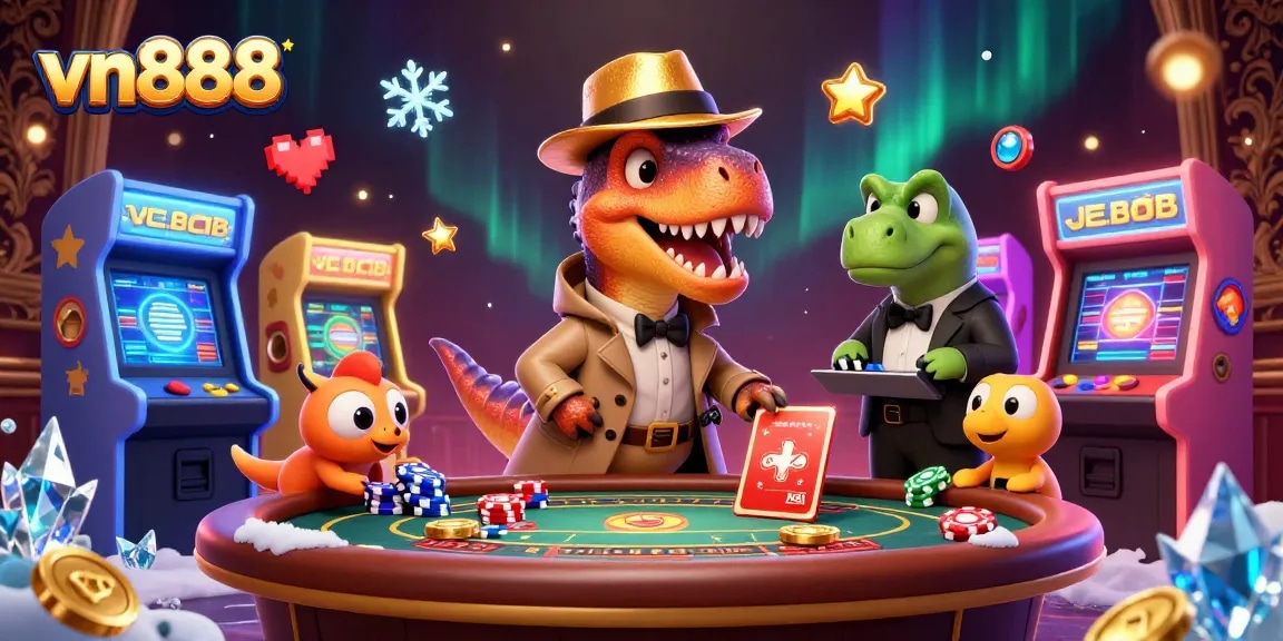 Experience thrilling games at vn888, featuring a velociraptor card counter and vibrant casino elements.