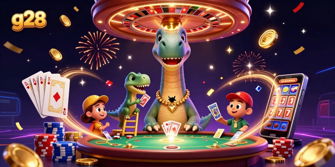 g28 casino illustration shows a giant brontosaurus and clever raptor dealing cards with vibrant casino elements
