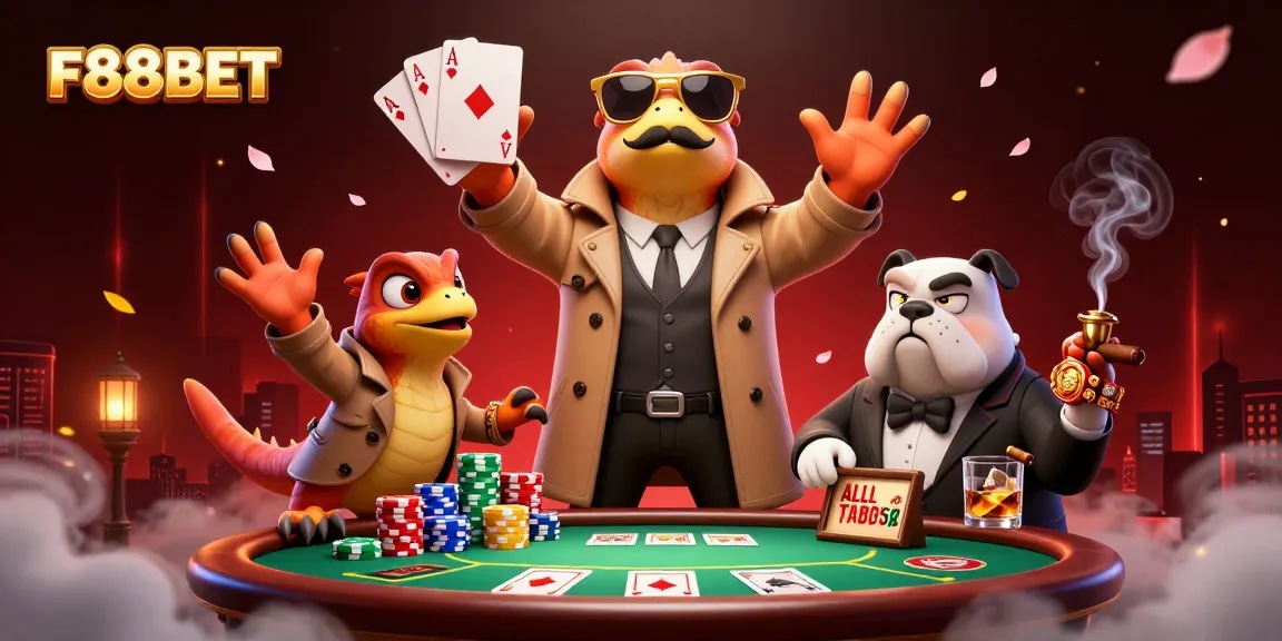 Enjoy thrilling poker action at F88BET with cartoon raptors entering a VIP lounge.