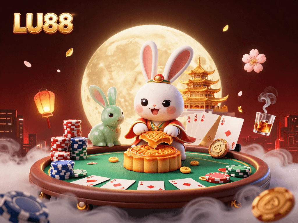 LU88 features a moon rabbit and jade companion celebrating with poker chips on the lunar surface.