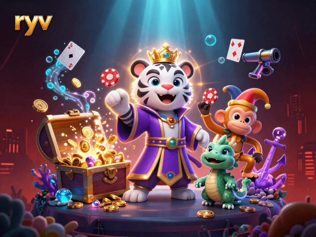 Engage in thrilling gameplay at ryv with a vibrant 3D scene featuring animated characters and casino elements.
