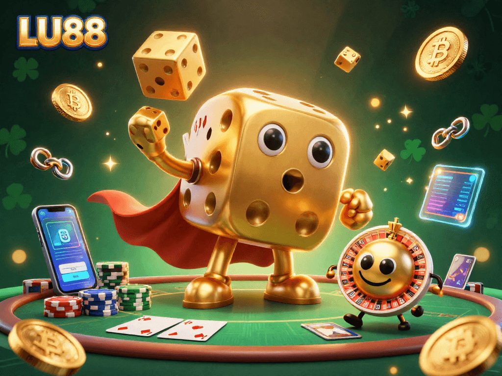 Experience thrilling gaming with LU88's dynamic golden dice golem and poker elements in a vibrant 3D scene.