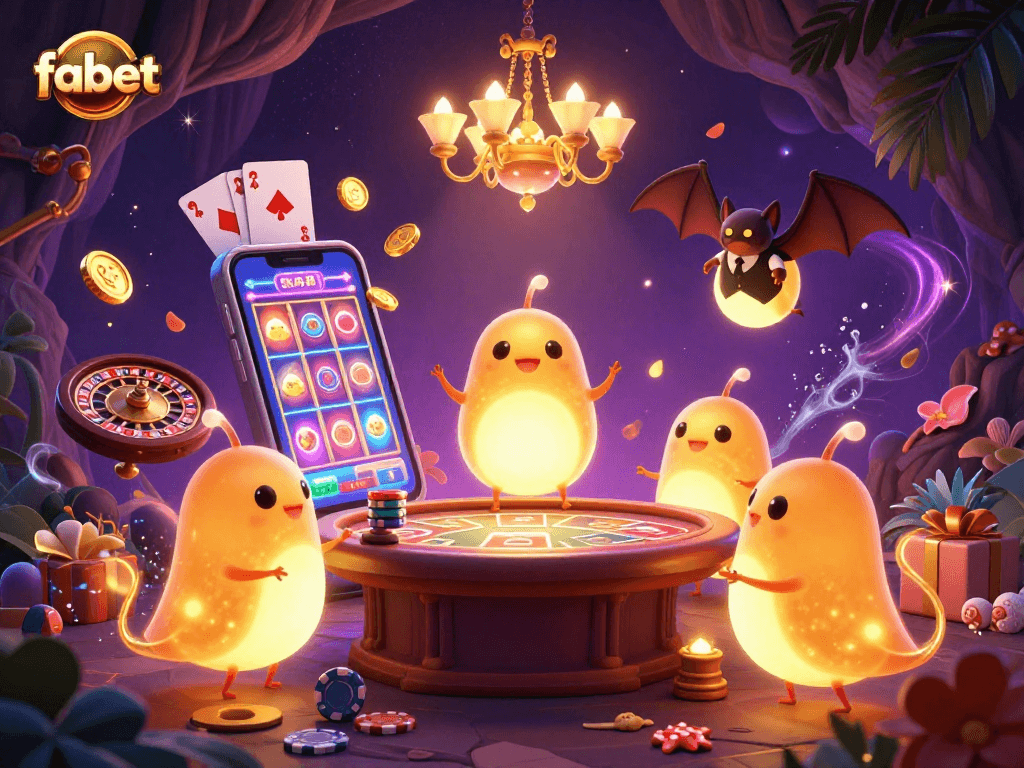 Experience fabet's exciting cave casino with glowing characters and vibrant game elements.