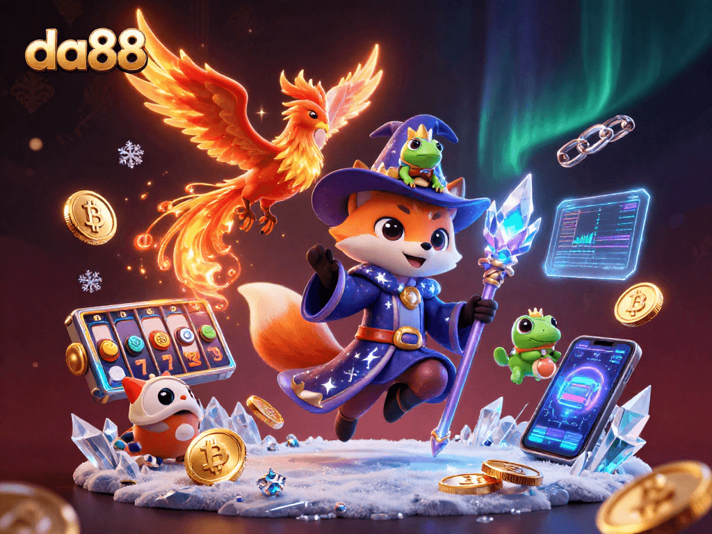 Experience thrilling gaming with da88, featuring a wizard fox and phoenix amidst crypto symbols.