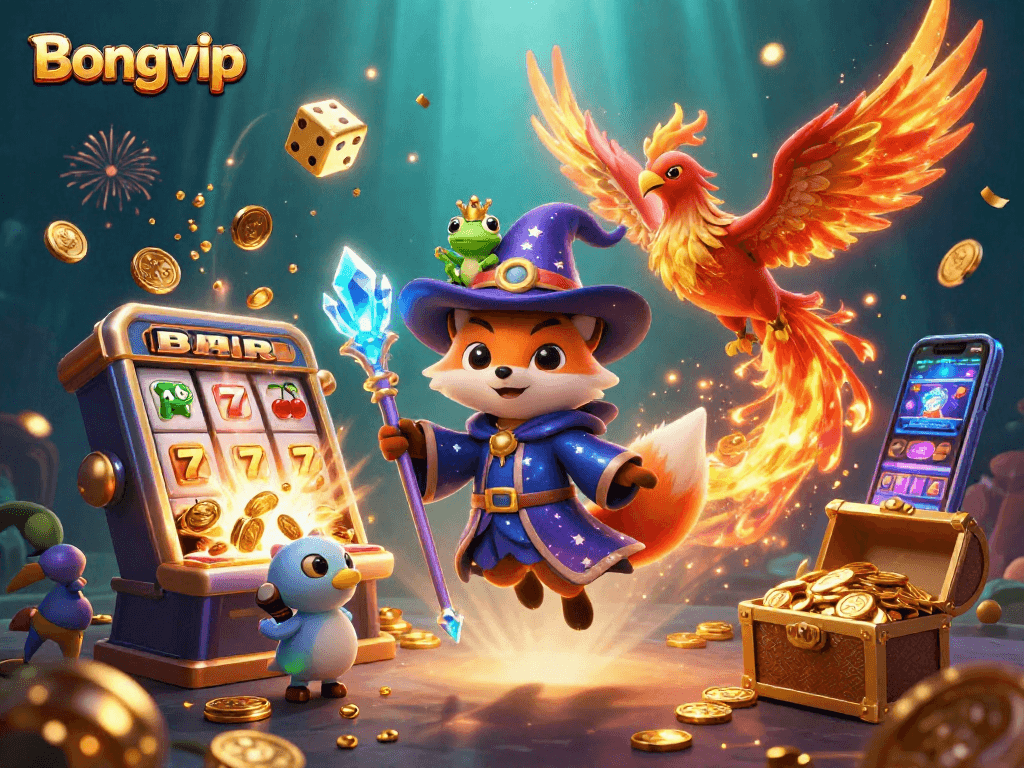 Bongvip's thrilling casino experience showcases a wizard fox, phoenix, and enchanted frog amidst exciting games.