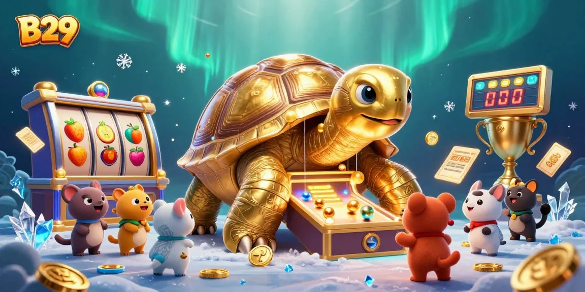 B29 offers exciting gaming experiences with a vibrant golden tortoise and thrilling slot machine elements.