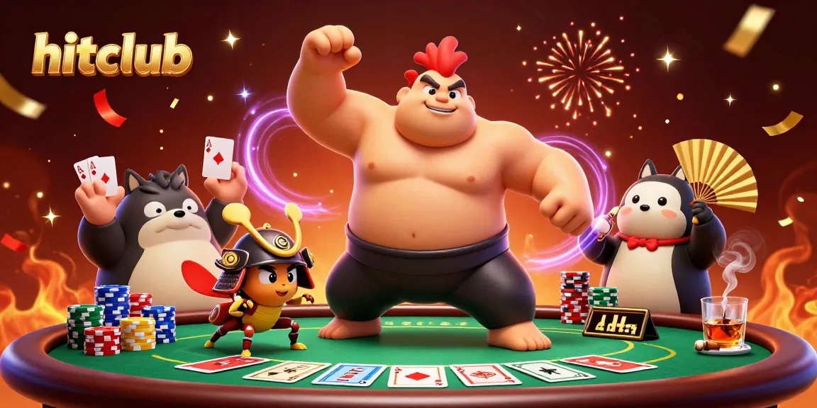 Join the excitement at hitclub with a powerful sumo wrestler rooster stomping at the poker table!