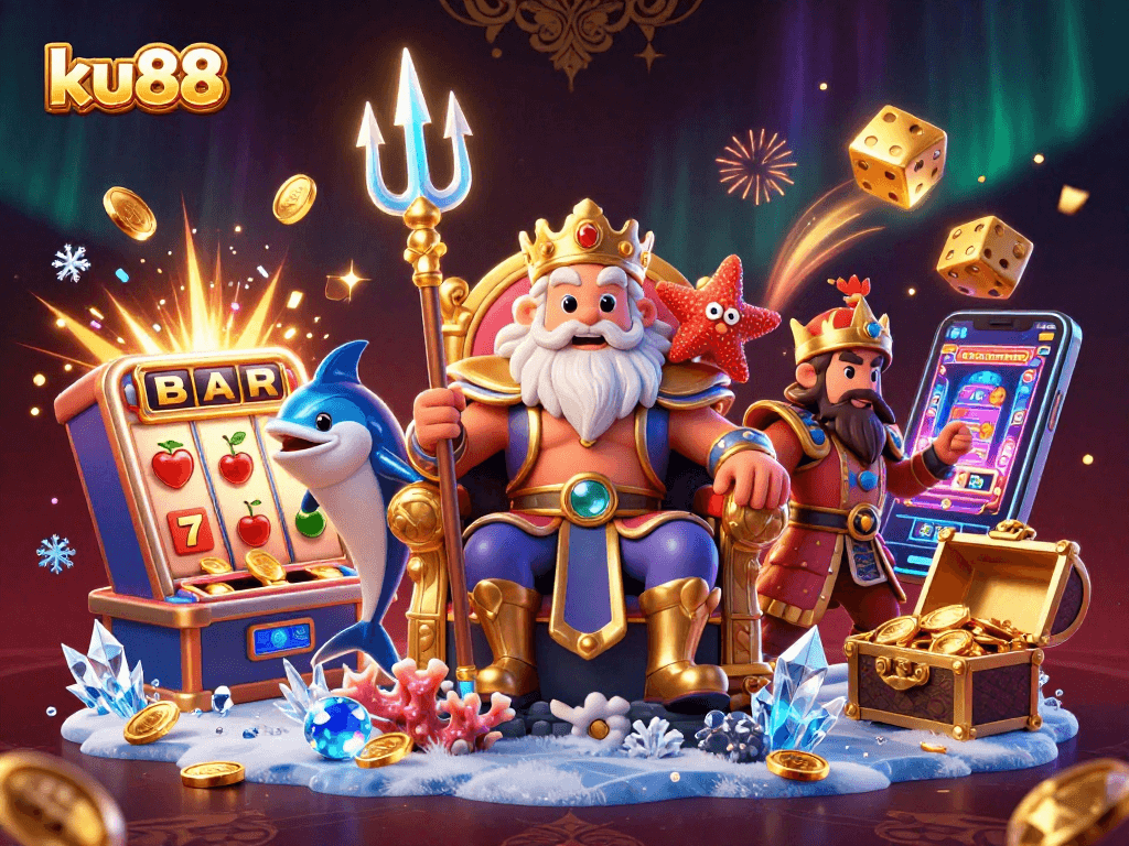 Engage with ku88's thrilling 3D casino world featuring vibrant slot machines and festive elements.