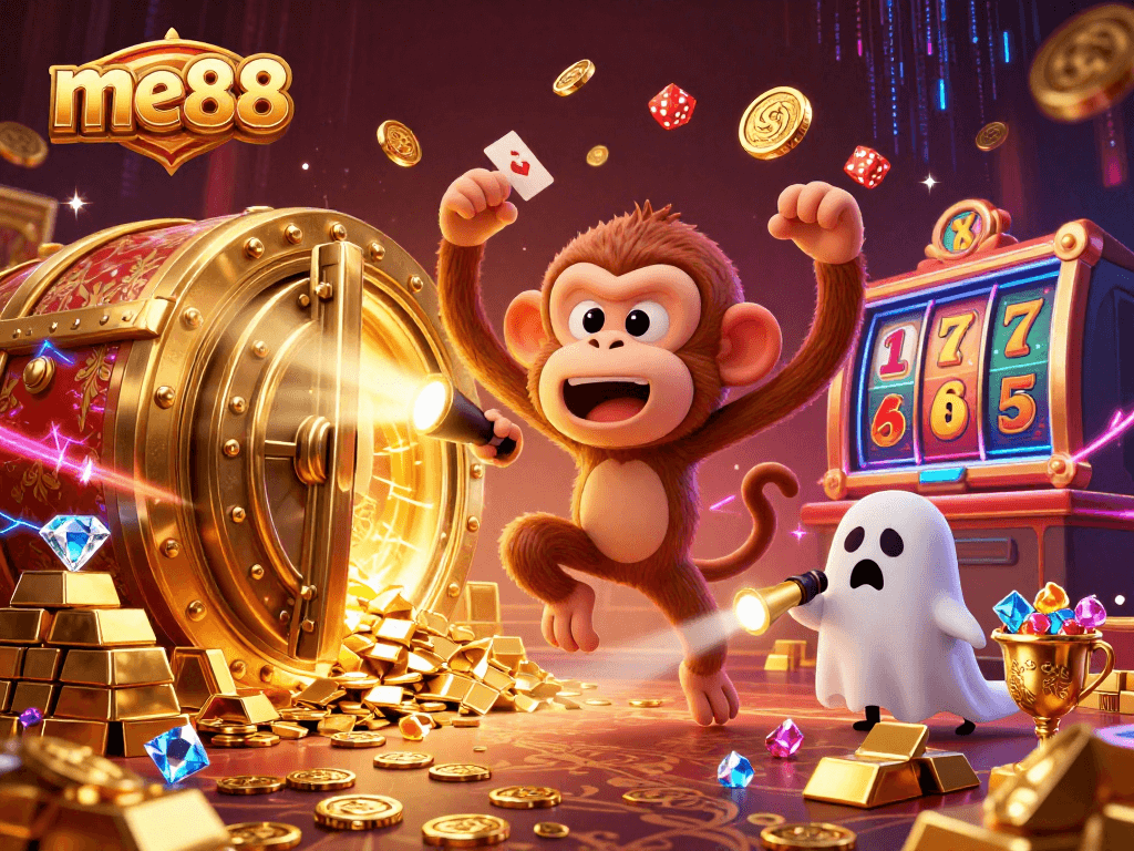 Experience the thrilling atmosphere of me88 online casino with exciting golden treasures and vibrant characters.