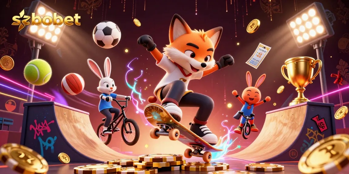 SBOBET features a vibrant 3D scene depicting a fox and rabbit engaging in dynamic skateboarding tricks amidst casino-themed elements.