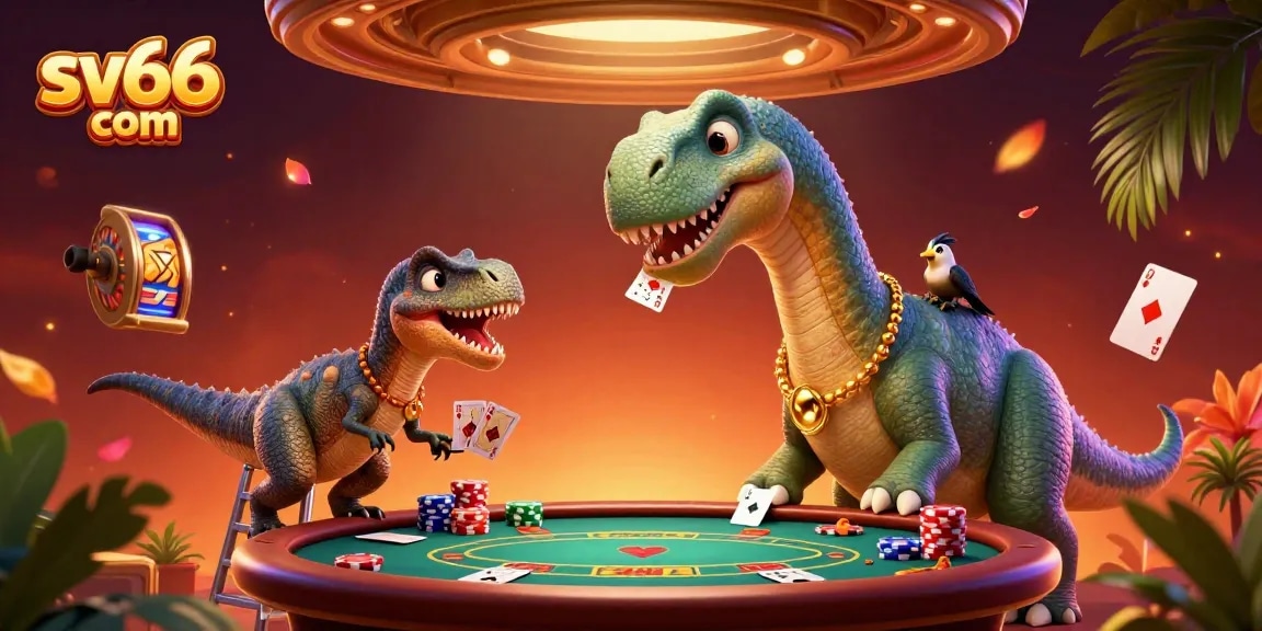 Experience thrilling moments at sv66 com where a cartoon brontosaurus watches a clever raptor deal cards.