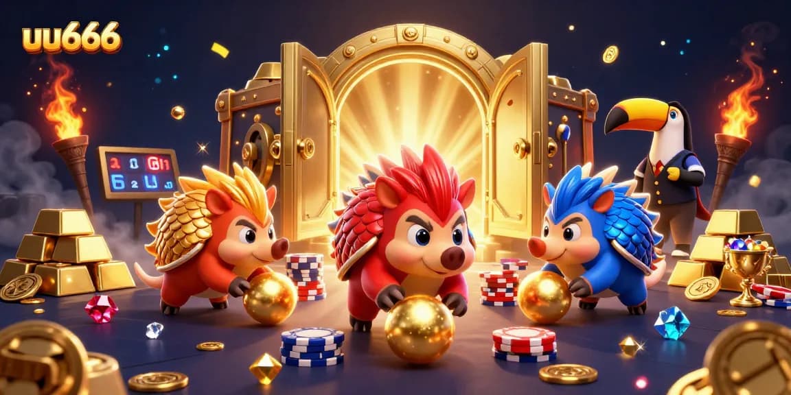 Engage in thrilling gameplay with uu666 as rival pangolins compete over golden treasures and poker chips.