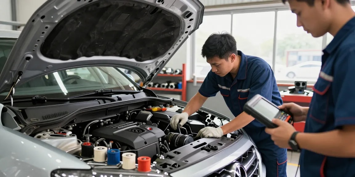 Auto consuma troppo? Mechanic diagnosing excessive fuel consumption in a garage.
