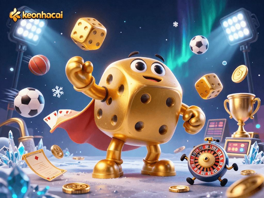 Engage in dynamic betting with keonhacai illustrated by a golden dice golem, sports balls and vibrant action.