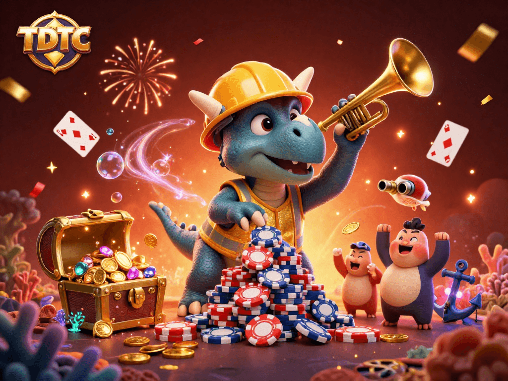 TDTC celebrates with a triceratops and poker chips amidst festive gaming elements!