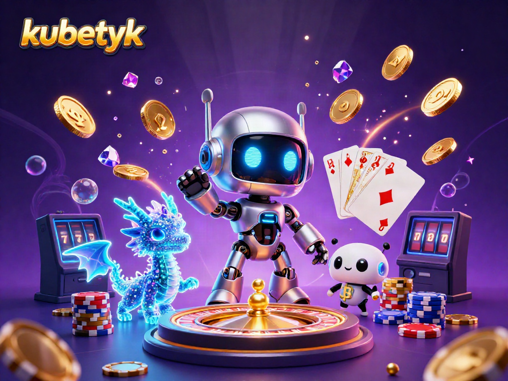Experience exciting gameplay with kubetyk, featuring a cyberpunk mascot, gold coins, and vibrant casino elements.
