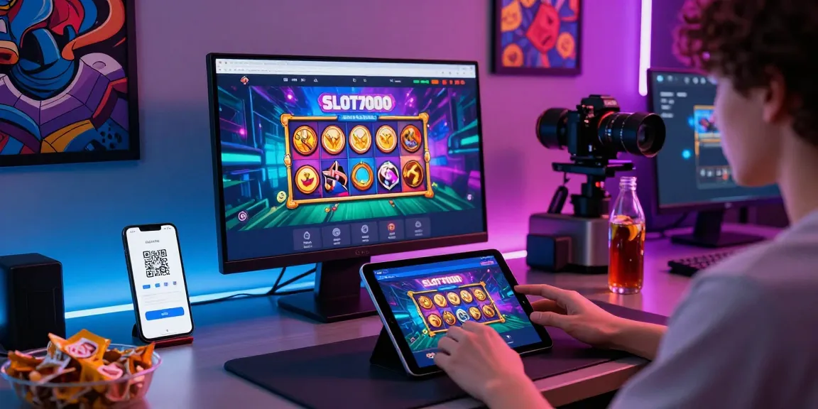 Engaging with slot7000 on a tablet in a vibrant gaming environment.