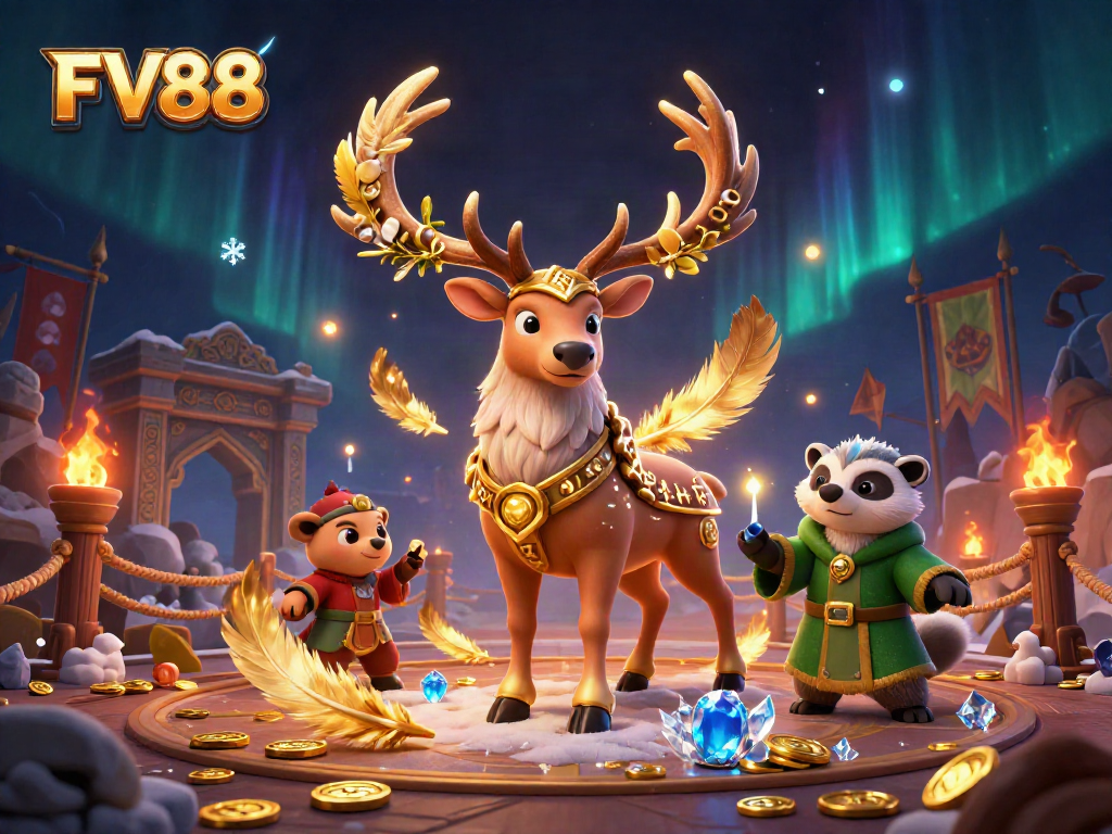 Bet on FV88 with immersive casino scenes featuring rich colors and vibrant characters.
