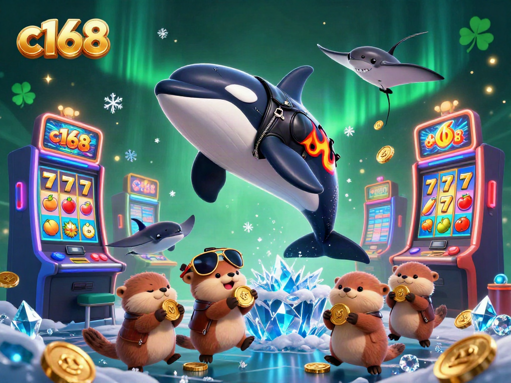 Engage with c168 slots through exciting gameplay featuring a jumping orca, vibrant game machines, and treasure-holding otters.