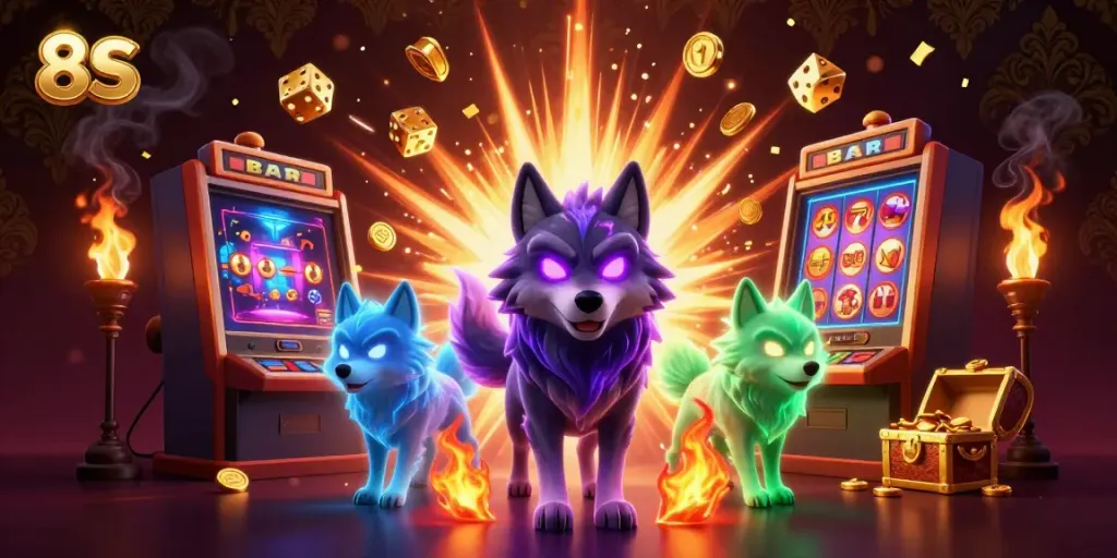 Win big with the 8S online casino featuring wolves, slot machines, and treasure!
