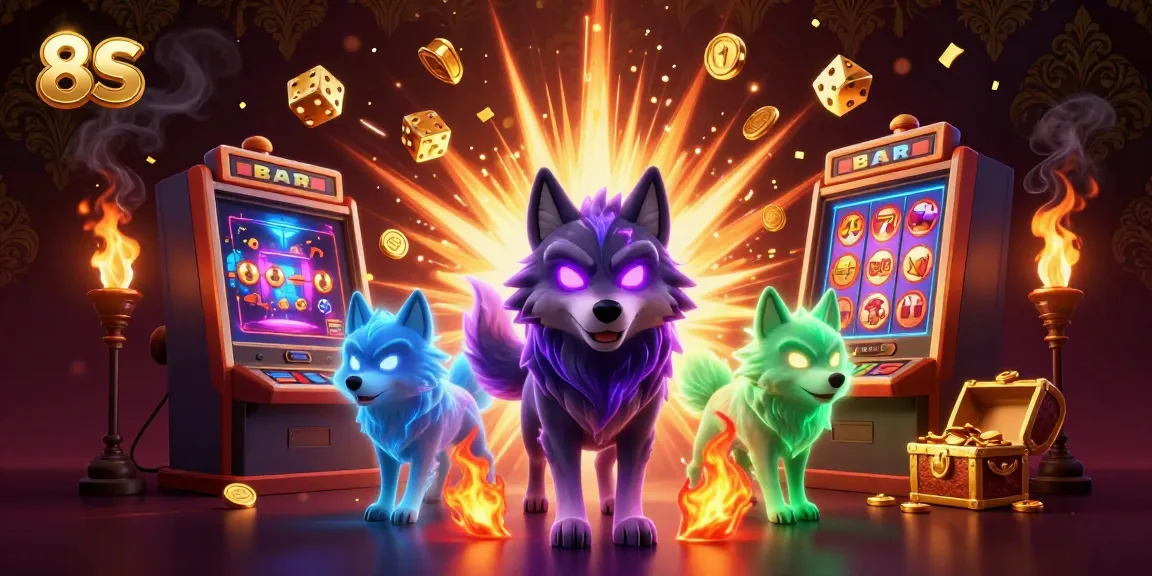 Win big with the 8S online casino featuring wolves, slot machines, and treasure!