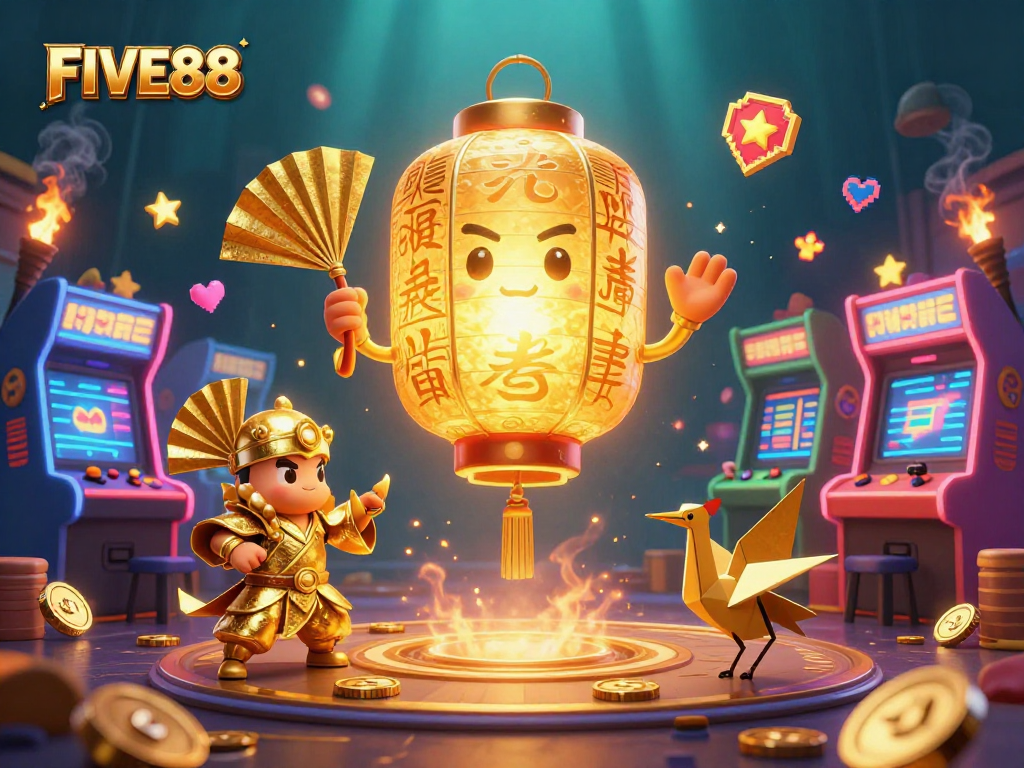 Engage in vibrant gameplay at FIVE88 with golden lantern spirit and arcade games in a dynamic casino world.