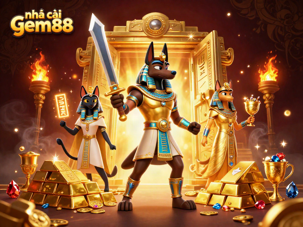 Experience the excitement of nhà cái gem88 with dazzling gold and vibrant treasures in an ancient casino setting.