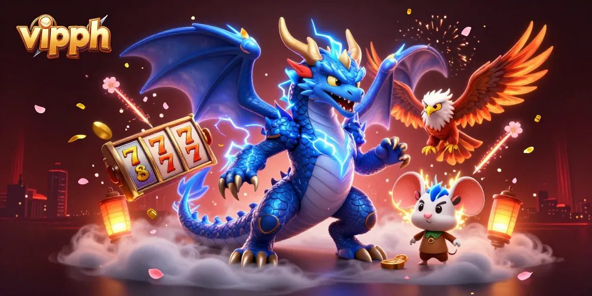 Experience thrilling gameplay at vipph with vibrant slot reels, dynamic lightning dragon, and exciting casino elements.
