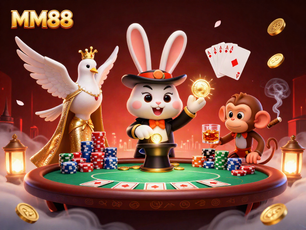 Engage in MM88's dynamic casino scene with a magician, dove, and monkey with poker chips.