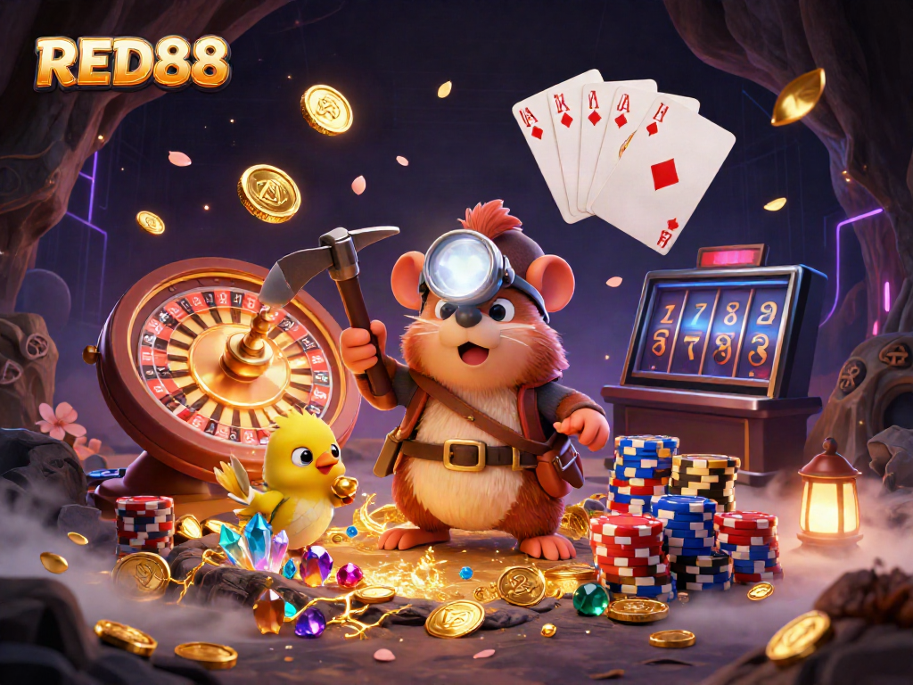 Experience thrilling gaming with RED88 through our dynamic illustration showcasing a treasure hunter mole in a sparkling casino setting.