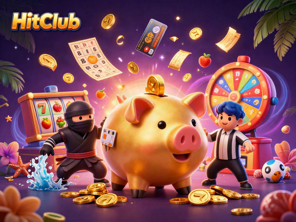 HitClub engages players with a vibrant casino scene featuring a golden piggy bank, dynamic slot elements, and festive atmosphere.