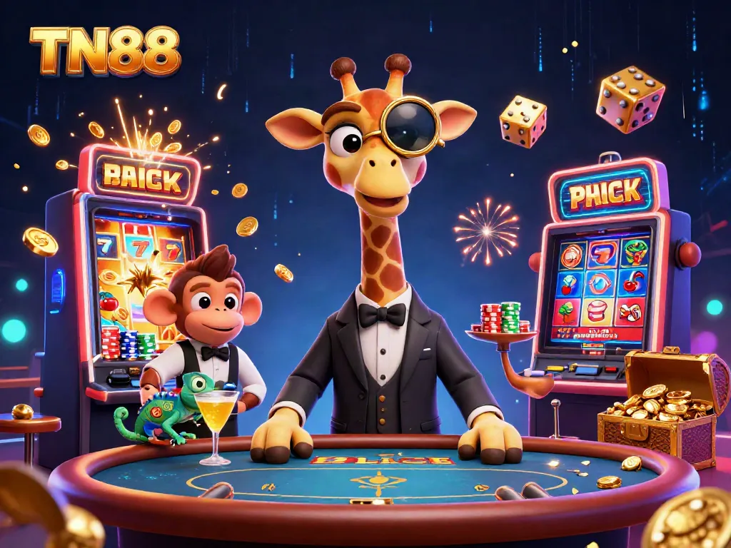 Join the fun at TN88 with a vibrant scene featuring a high-roller giraffe at a lavish casino table, showcasing gaming thrills.