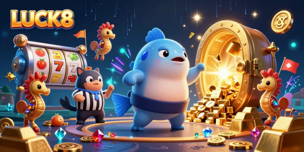 Engage with LUCK8's dynamic slots scene featuring a colorful fugu character and rich treasure elements.