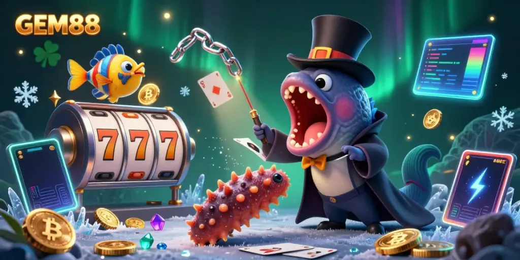 Experience GEM88's thrilling magic show with a deep-sea eel and anglerfish in a vibrant casino scene.