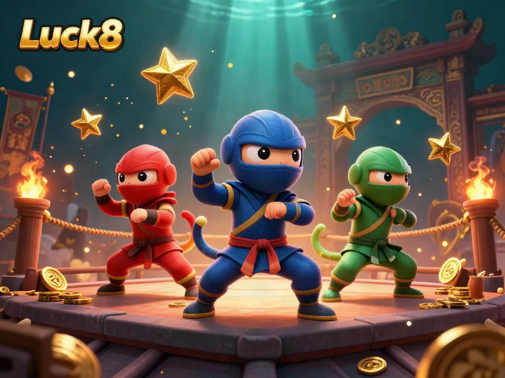 Luck8 showcases a dynamic scene of colorful ninja chameleons performing martial arts, set in a vibrant casino-like environment.