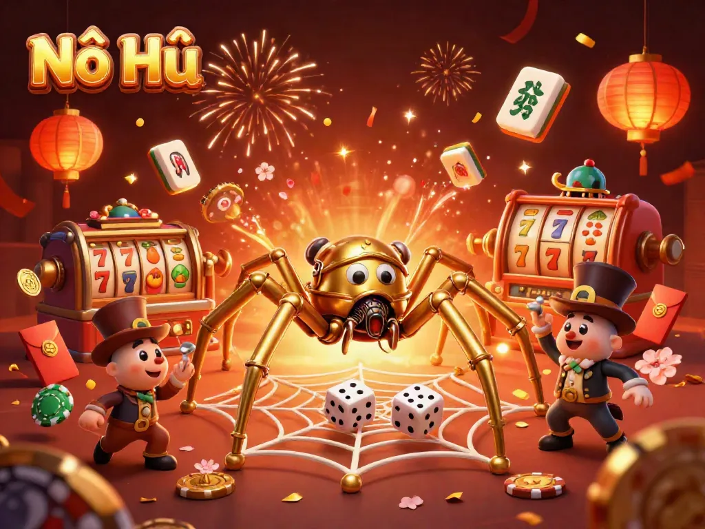 Nổ Hũ showcases an artistic 3D spider capturing dice in golden webs while celebrating jackpot wins.