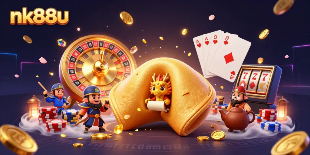 Spin to win at nk88u with our dynamic casino scene featuring a golden fortune cookie, treasure coins, and vibrant game elements.