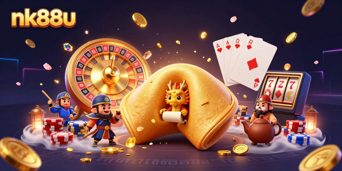 Spin to win at nk88u with our dynamic casino scene featuring a golden fortune cookie, treasure coins, and vibrant game elements.