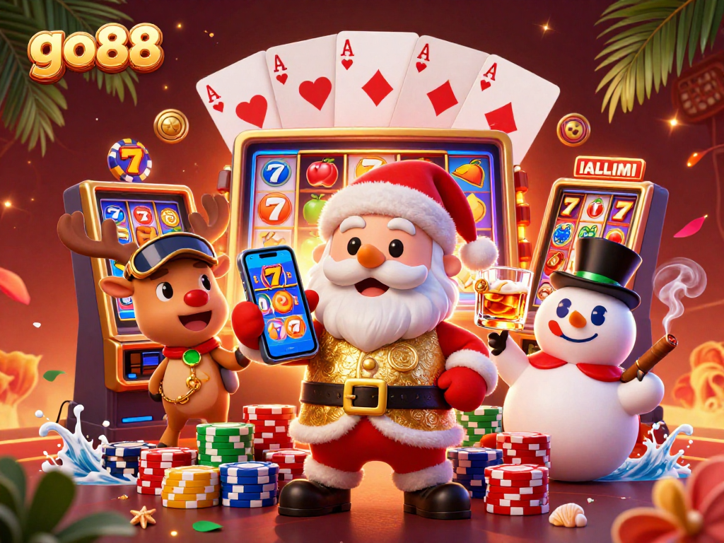 Spin the slots with go88 in this vibrant 3D casino scene featuring Santa and friends.