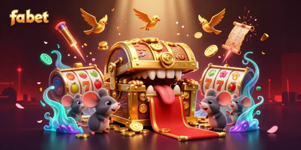 Experience winning thrills with fa bet's treasure chest and slot reels in an exciting casino scene.