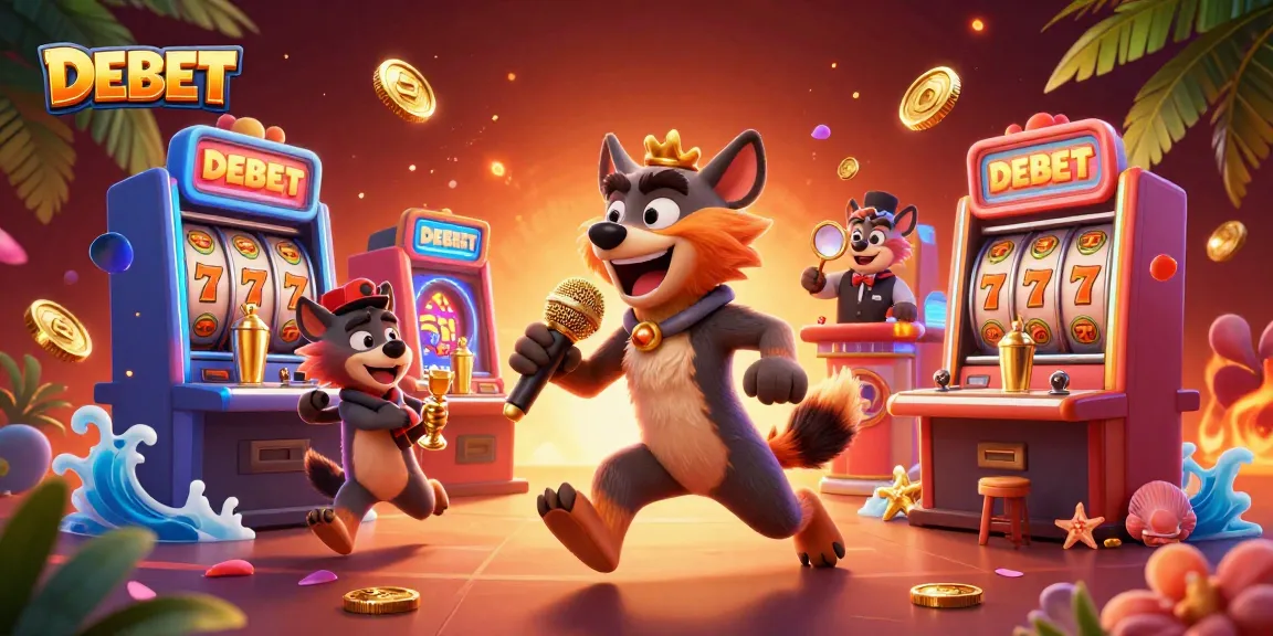 Experience the vibrant DEBET casino scene with comedic hyenas and exciting slot machines.