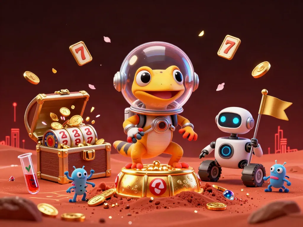 Engage with 88VBET's vibrant casino scene featuring a Martian gecko amidst floating slot reels and rich treasures.